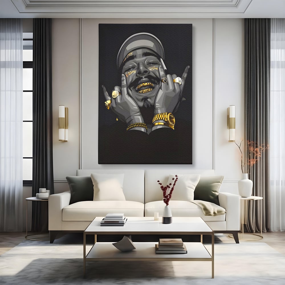 Tablou canvas cu tablou canvas cu portret post malone, fara rama, pe sasiu de lemn, pe perete intr-un living